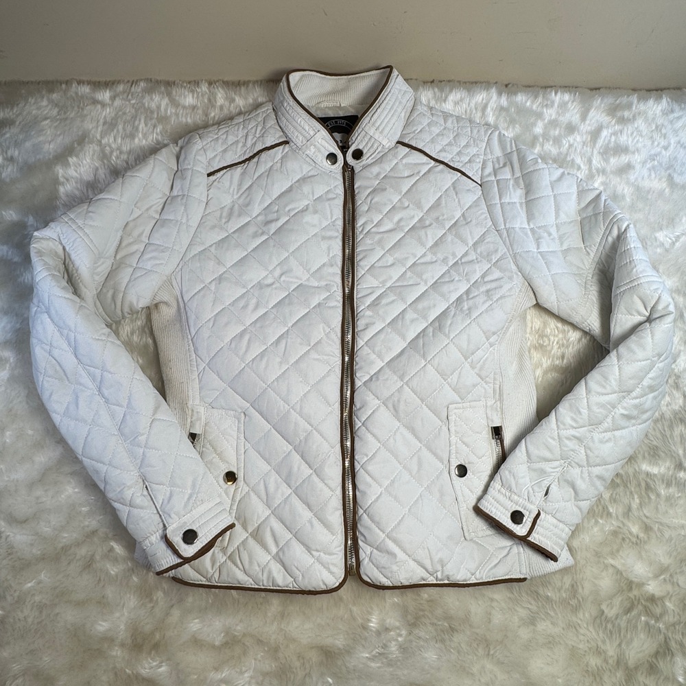 California Citywear White Quilted Moto Jacket Brown Trim Womens Large‎